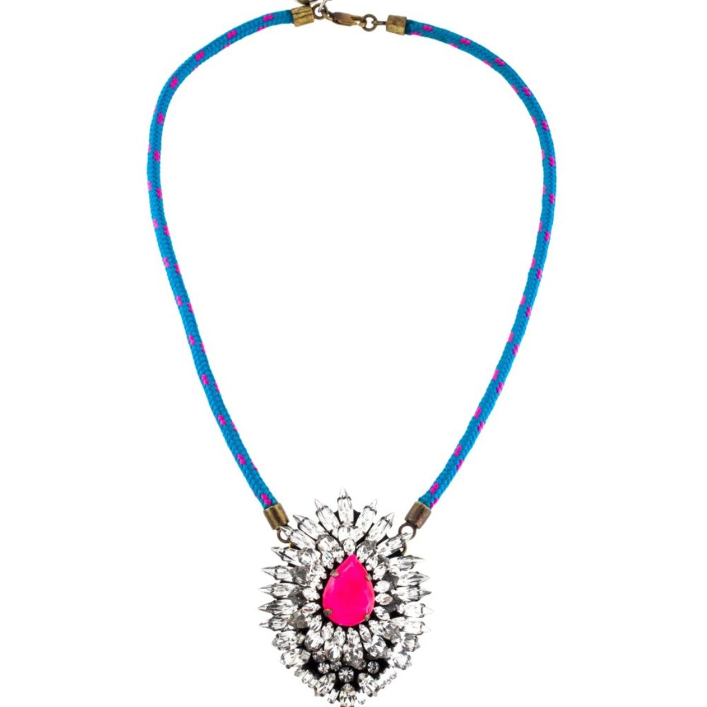 Shourouk Neon Pink and Blue Crystal and Cord Pendant Necklace